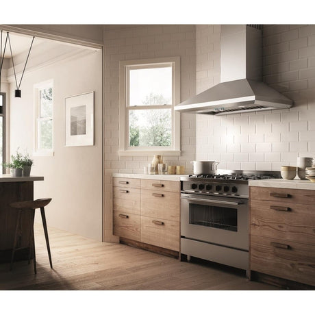 Elica ELN148SS EL-LEONE 48" WALL MOUNT CHIMNEY HOOD in modern kitchen with wooden cabinetry and gas range.