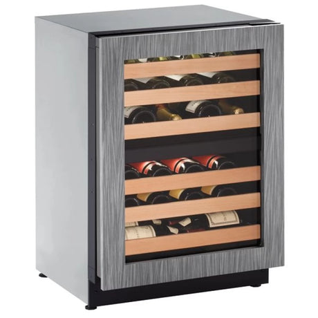 U-Line 2224ZWCINT-00B UL-DUAL ZONE 24" WC INTEG FRAME wine cooler with wood racks and glass door.