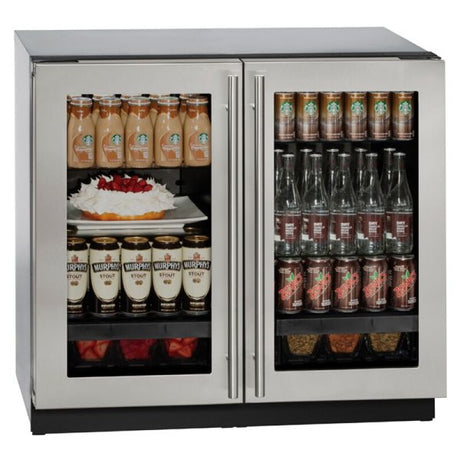 U-Line 3036RRGLS-00B UL-REFRIGERATOR 36" STAINLESS displaying beverages and food, ideal for appliance liquidation and discounted premium appliances.
