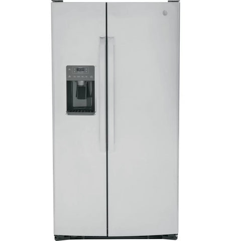 GE GSS25GYPFS 25.3 Cu. Ft. Side-By-Side Refrigerator with external dispenser and clear door shelves.