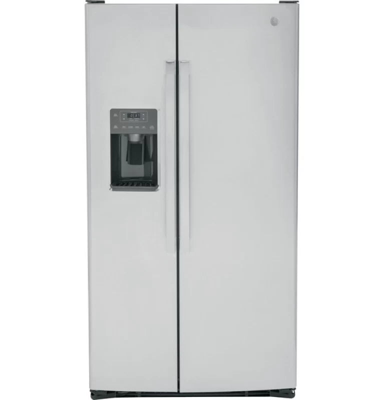 GE GSS25GYPFS 25.3 Cu. Ft. Side-By-Side Refrigerator with external dispenser and clear door shelves.
