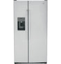 GE GSS25GYPFS 25.3 Cu. Ft. Side-By-Side Refrigerator with external dispenser and clear door shelves.