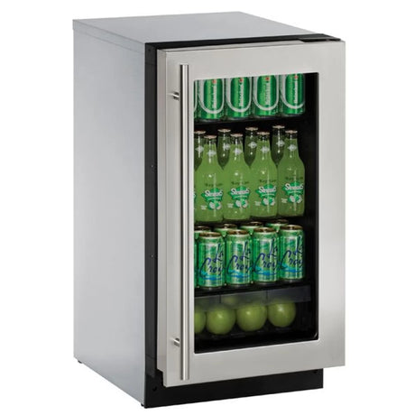 U-Line 2218RGLS-00B UL-REFRIGERATOR 18" STAINLESS GLASS showing beverages and lime green apples.