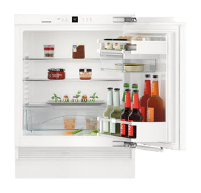 LIEBHERR UR500 24 Inch Built-In Undercounter Refrigerator with GlassLine Shelves, Egg Tray, Gallon Storage open with items inside.