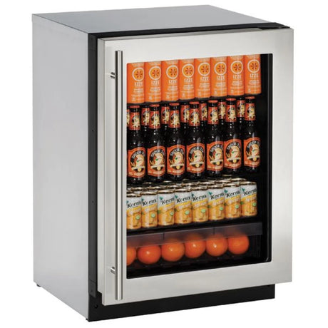 U-Line 2224RGLS-13B UL-REFRIGERATOR 24" GLASS DOOR STAIN displaying beverages and fruit in a sleek stainless steel design.