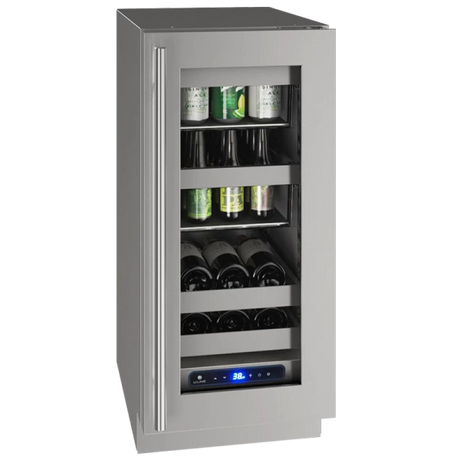U-Line UHBV515-SG41A UL-BEV CENTER 15" LOCK RH HINGE SS 115V wine cooler with stainless steel finish.