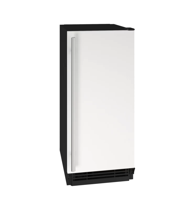 U-Line UHCR115-WS01B UL-ICE MAKER 15" REV HNGE WH SLD 115V in white with stainless steel handle.