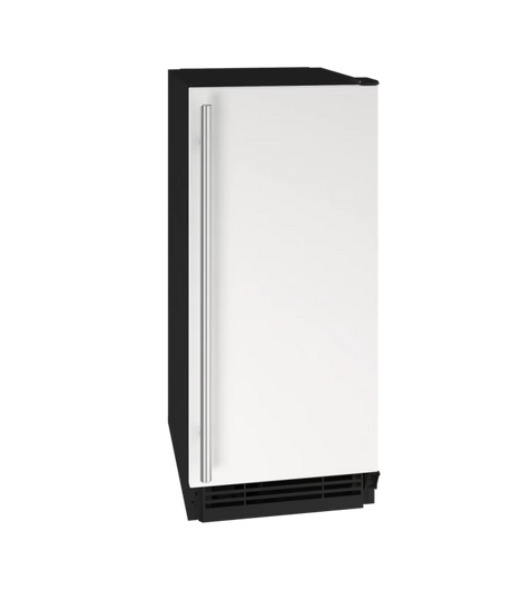 U-Line UHCR115-WS01B UL-ICE MAKER 15" REV HNGE WH SLD 115V in white with stainless steel handle.