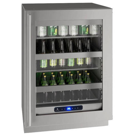 U-Line UHRE524-SG81A UL-GLS REF 24" REV HNGE SS FRAME 115V BR wine cooler with adjustable shelves.