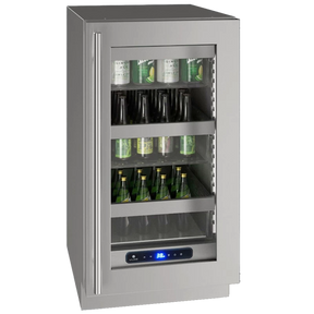 U-Line UHRE518-SG01A UL-GLASS REF 18" REV HINGE SS 115V stylish built-in refrigerator for beverage storage.