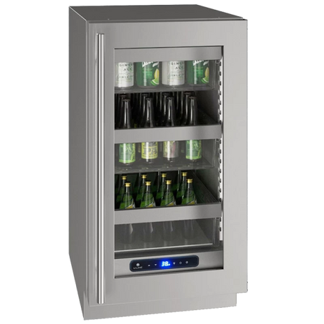 U-Line UHRE518-SG01A UL-GLASS REF 18" REV HINGE SS 115V stylish built-in refrigerator for beverage storage.
