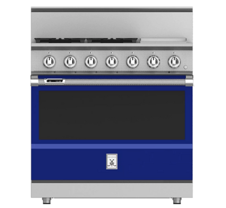 Hestan KRD364GDNGBU - RANGE, 4 BURNER WITH GRIDDLE, DUAL FUEL, 36" - NG - BLUE on display in a stylish kitchen setting.